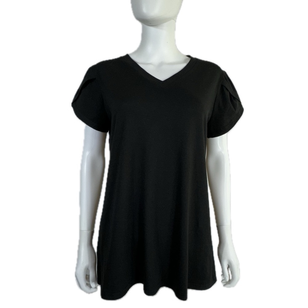 Women’s Black V-Neck Petal Sleeve Short Sleeve Tee